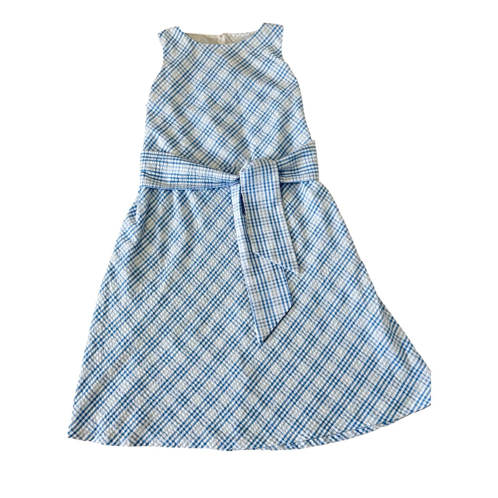 Anne Klein Blue White Gingham Seersucker Midi Dress Tie Waist Pockets‎ Size 8